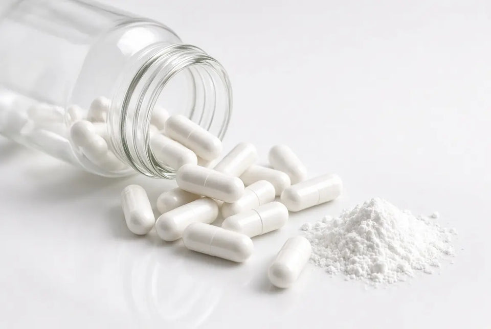 Spilled white capsules + powder