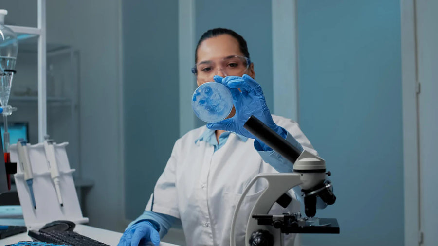 Scientist holding a petri dish sample near a microscope in a laboratory