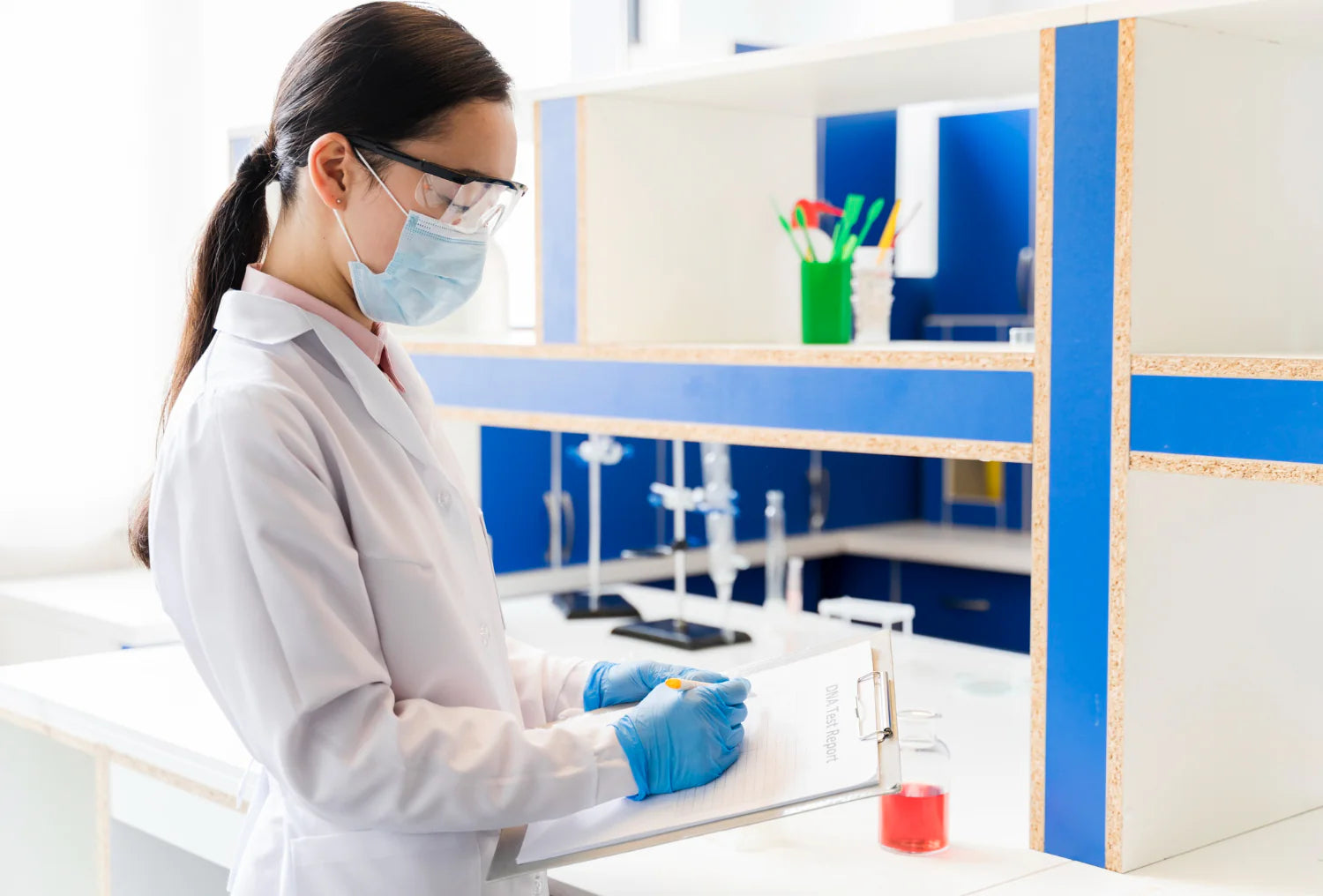Researcher writing notes on a clipboard in a laboratory