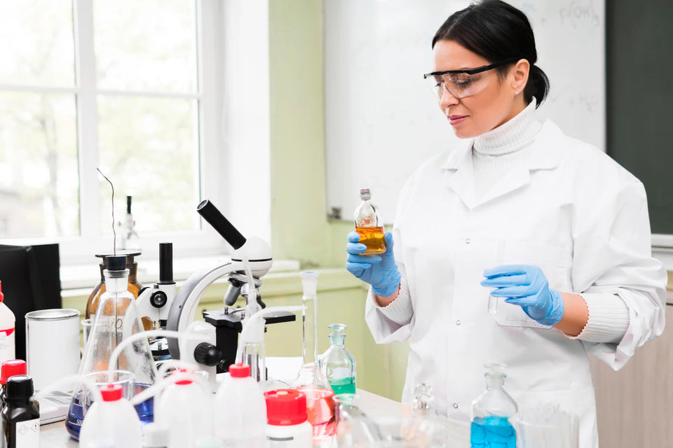 Scientist examining a liquid sample in a chemistry lab
