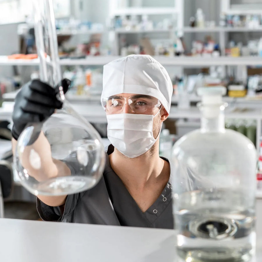 a man in laboratory setting holding lab equipment