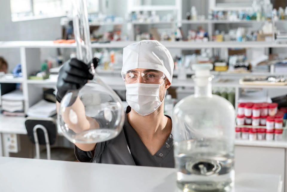 a man in laboratory setting holding lab equipment