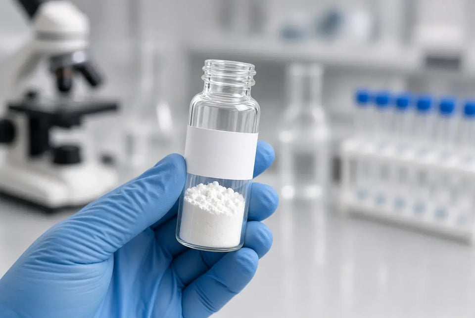 reseacher holding a bottle with research powder