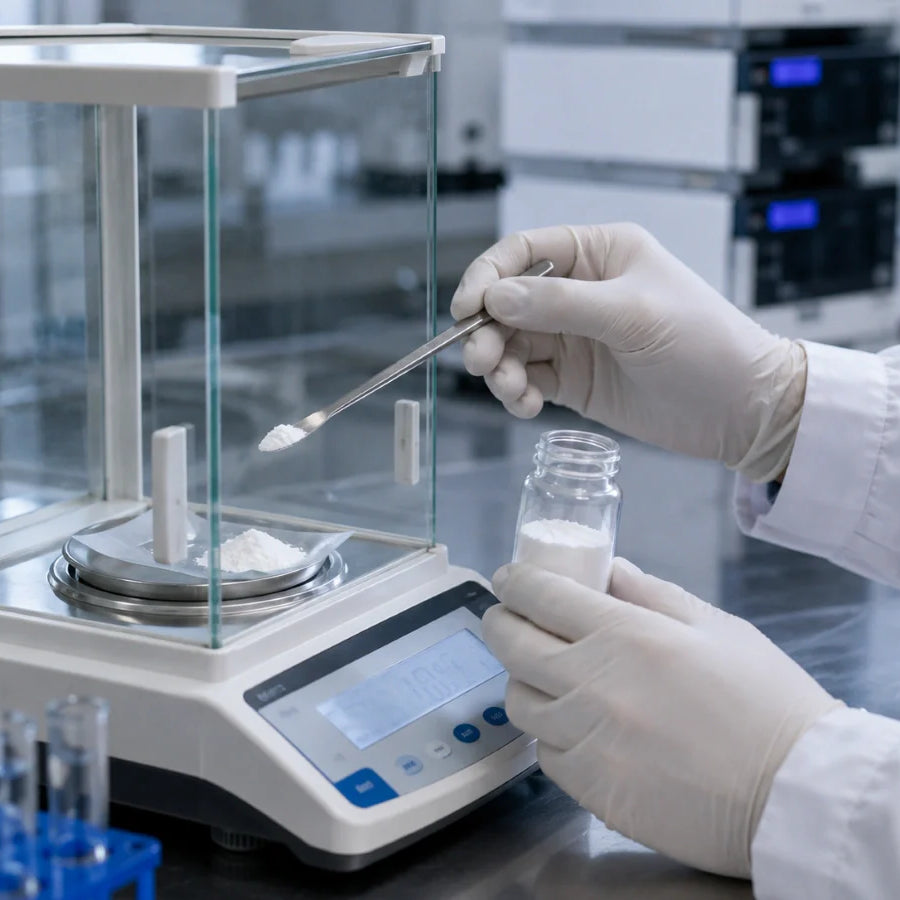 Gloved hands weighing powder on analytical balance