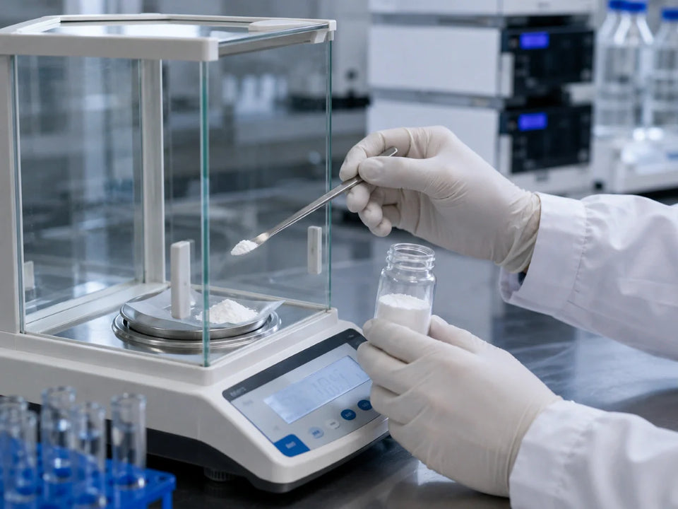 Gloved hands weighing powder on analytical balance