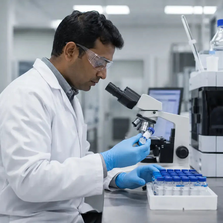 Researcher examining Phenibut sample in modern lab