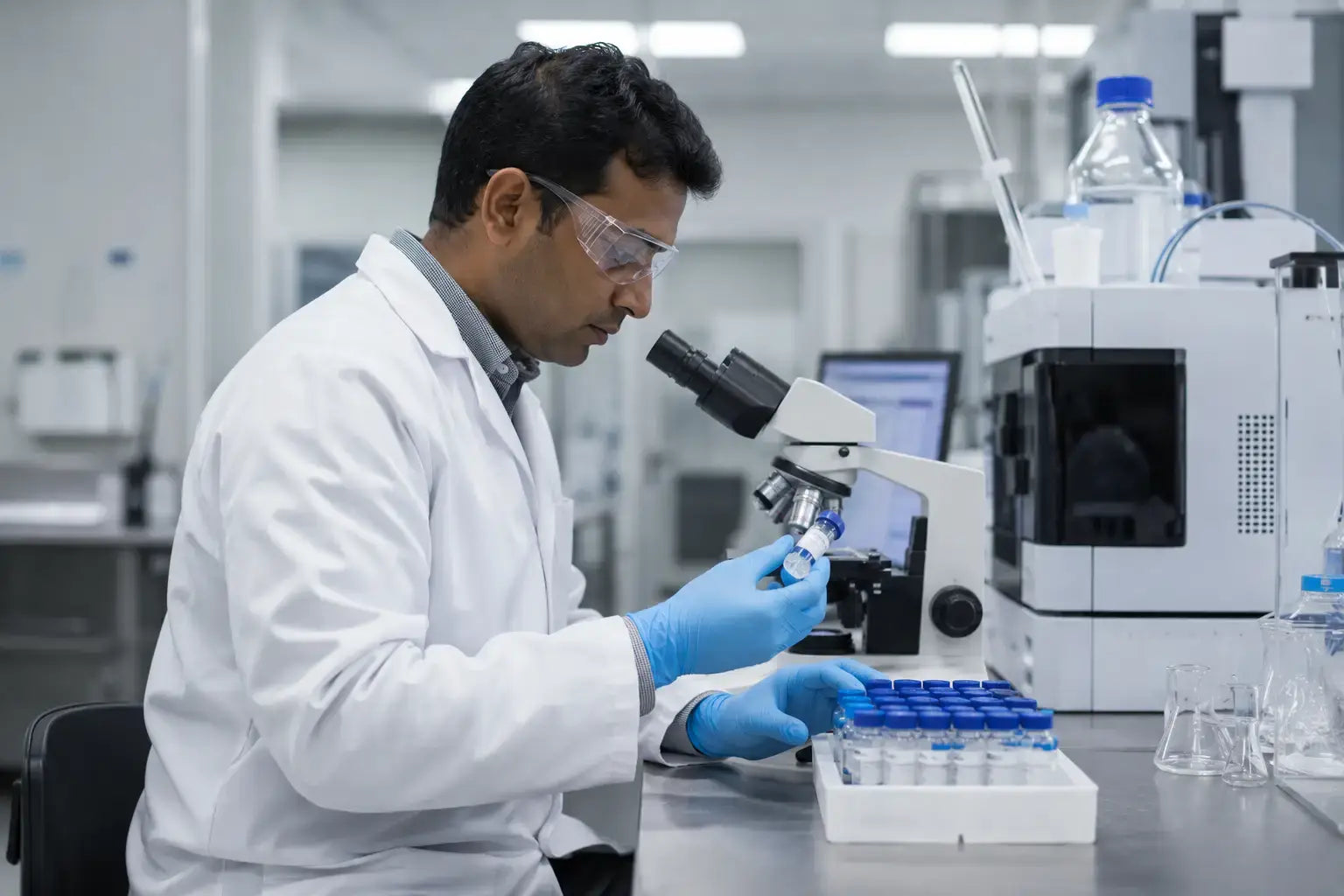 Researcher examining Phenibut sample in modern lab