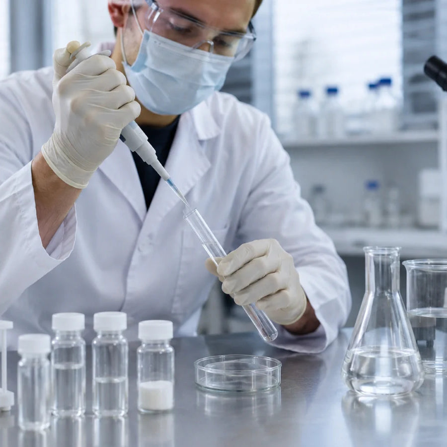 Masked scientist pipetting sample in laboratory