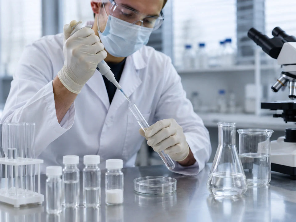 Masked scientist pipetting sample in laboratory