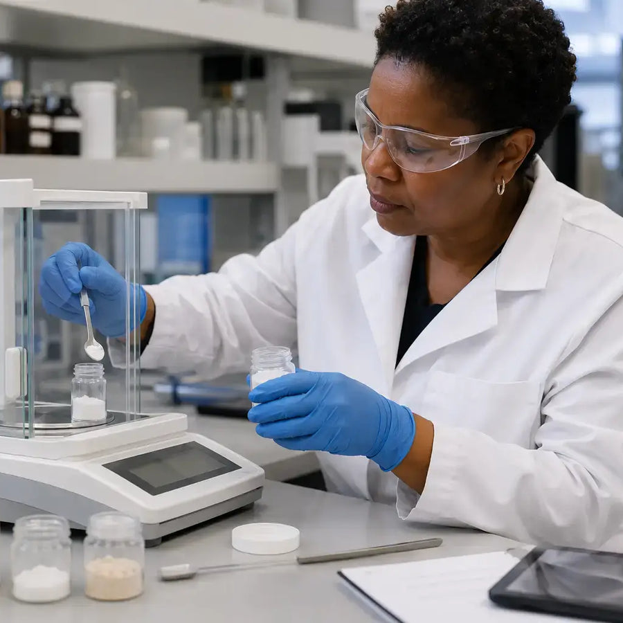 Researcher weighing Phenibut powder in laboratory