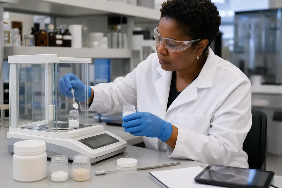 Researcher weighing Phenibut powder in laboratory