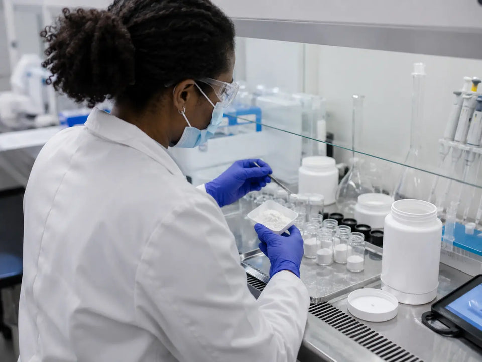 Lab technician filling vials with Pramiracetam powder