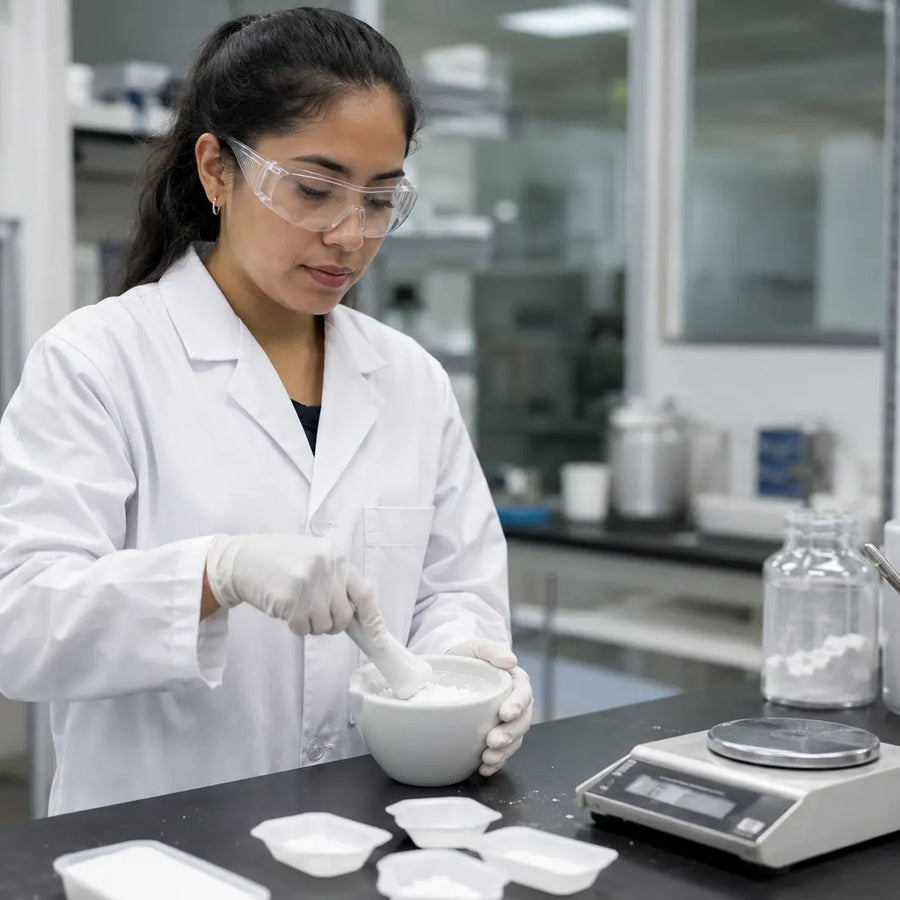 Scientist mixing Pramiracetam powder in a lab