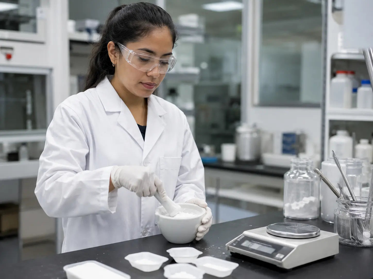 Scientist mixing Pramiracetam powder in a lab