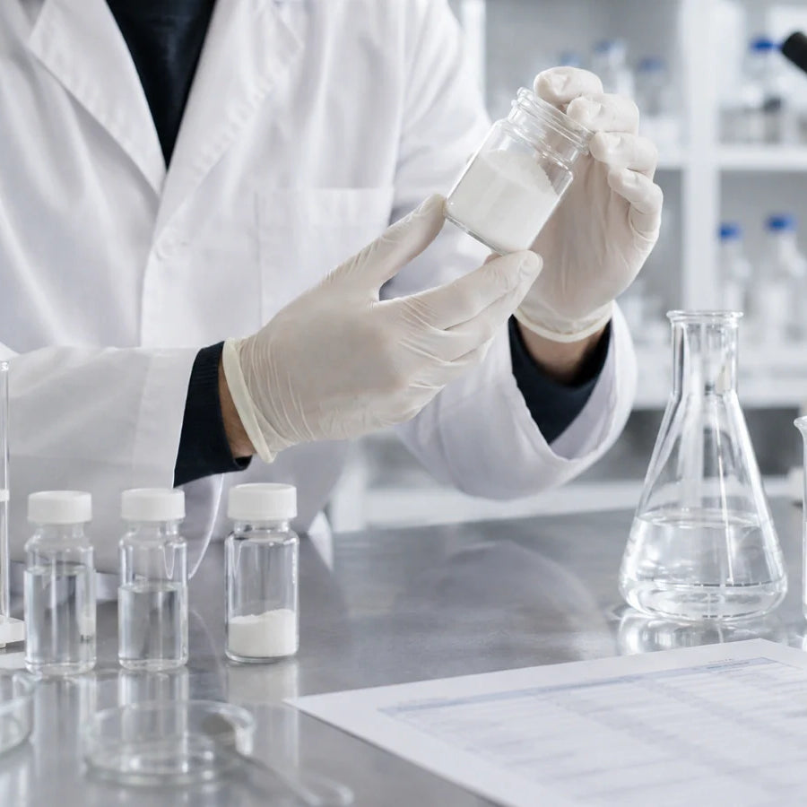Gloved hands holding powder sample in lab