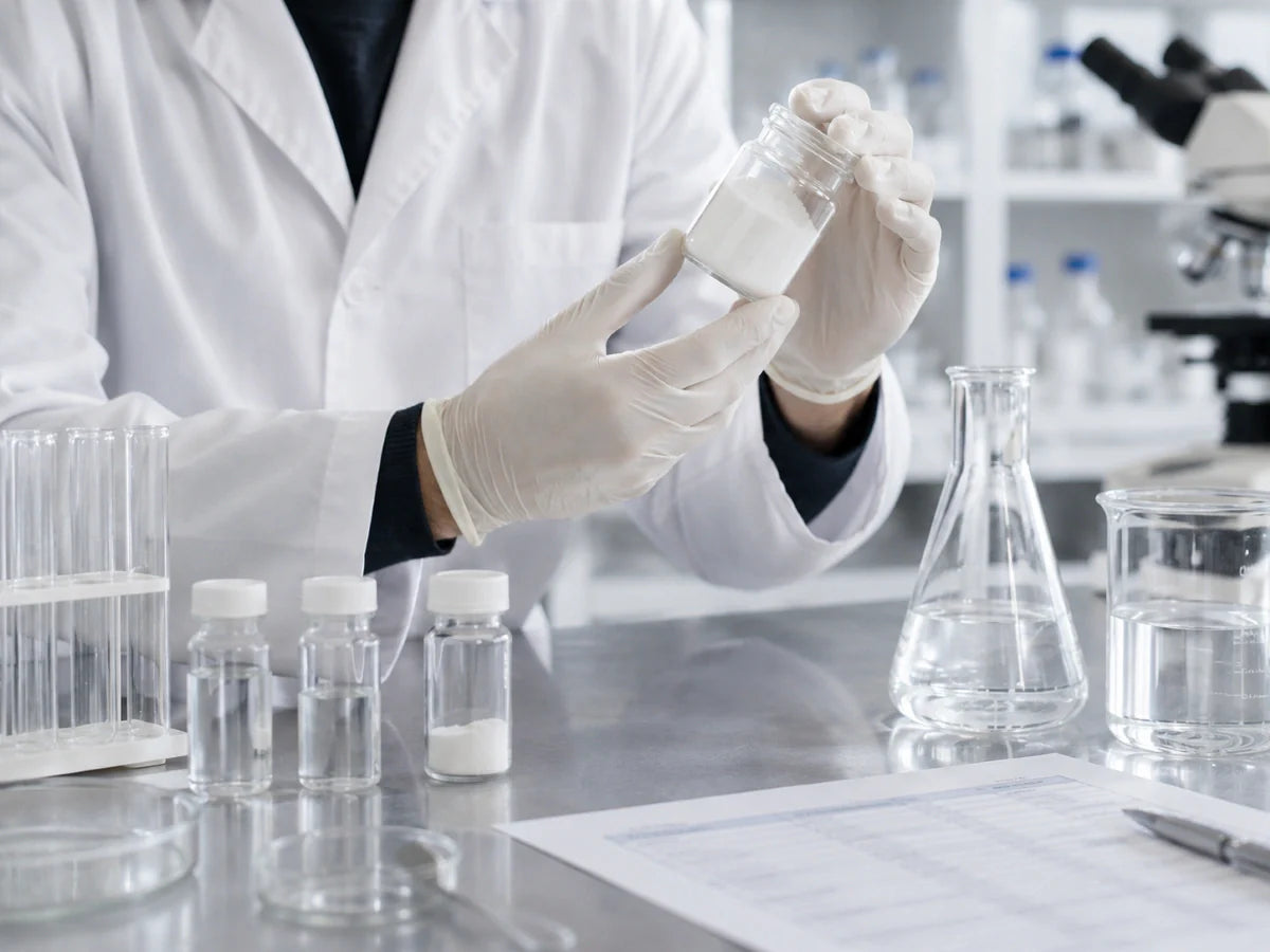Gloved hands holding powder sample in lab