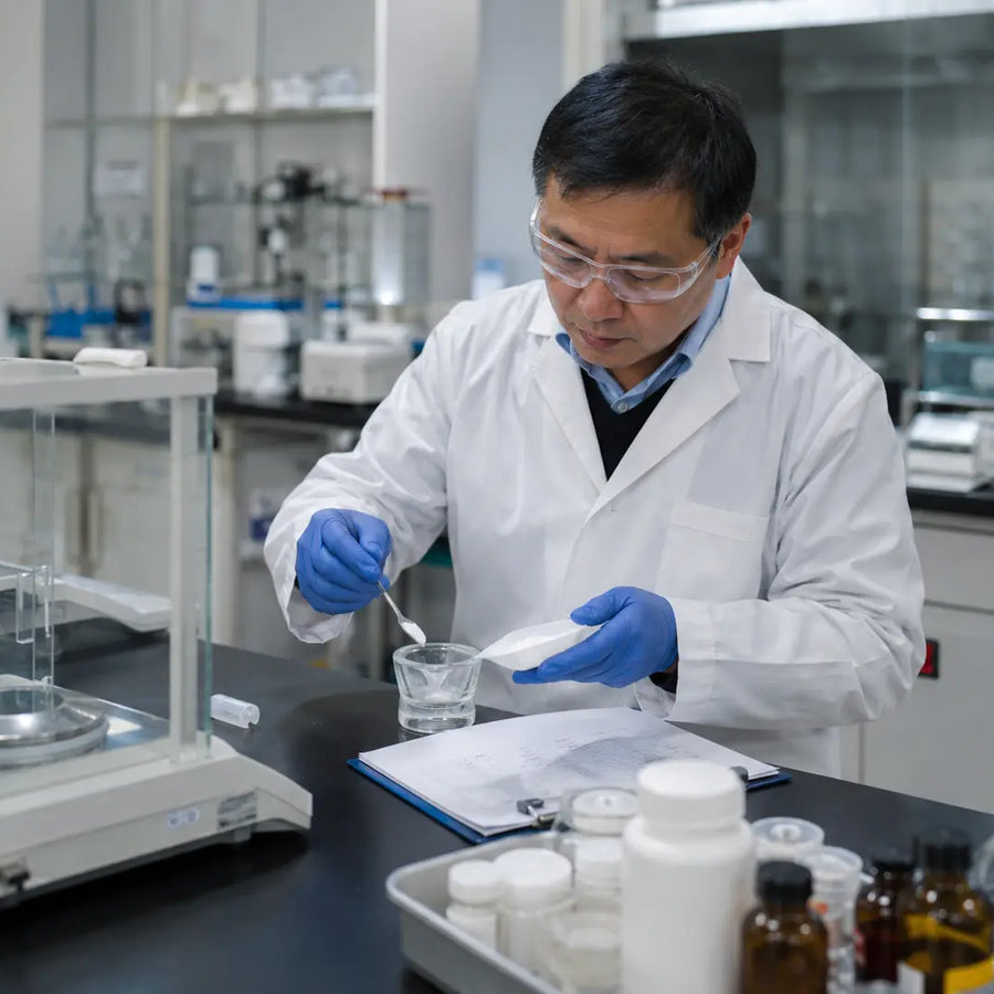 Scientist handling Pramiracetam powder in a laboratory