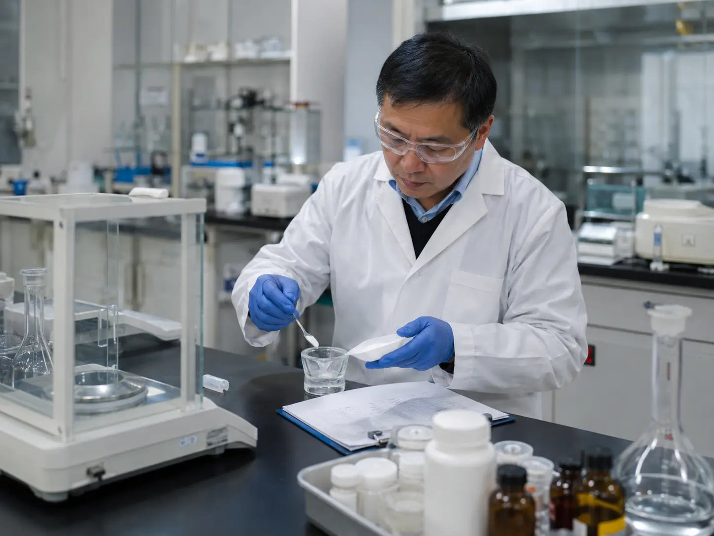 Scientist handling Pramiracetam powder in a laboratory