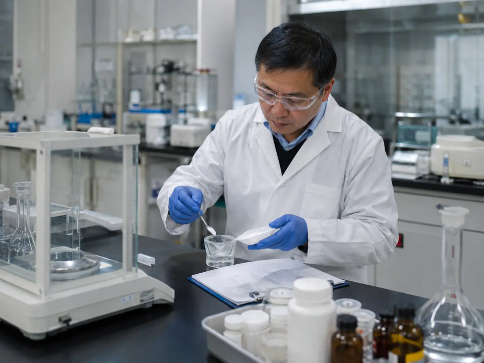 Scientist handling Pramiracetam powder in a laboratory