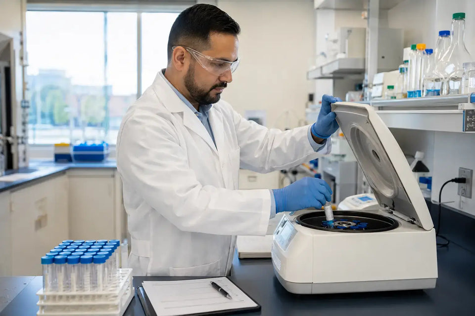 Researcher preparing Phenibut samples in centrifuge