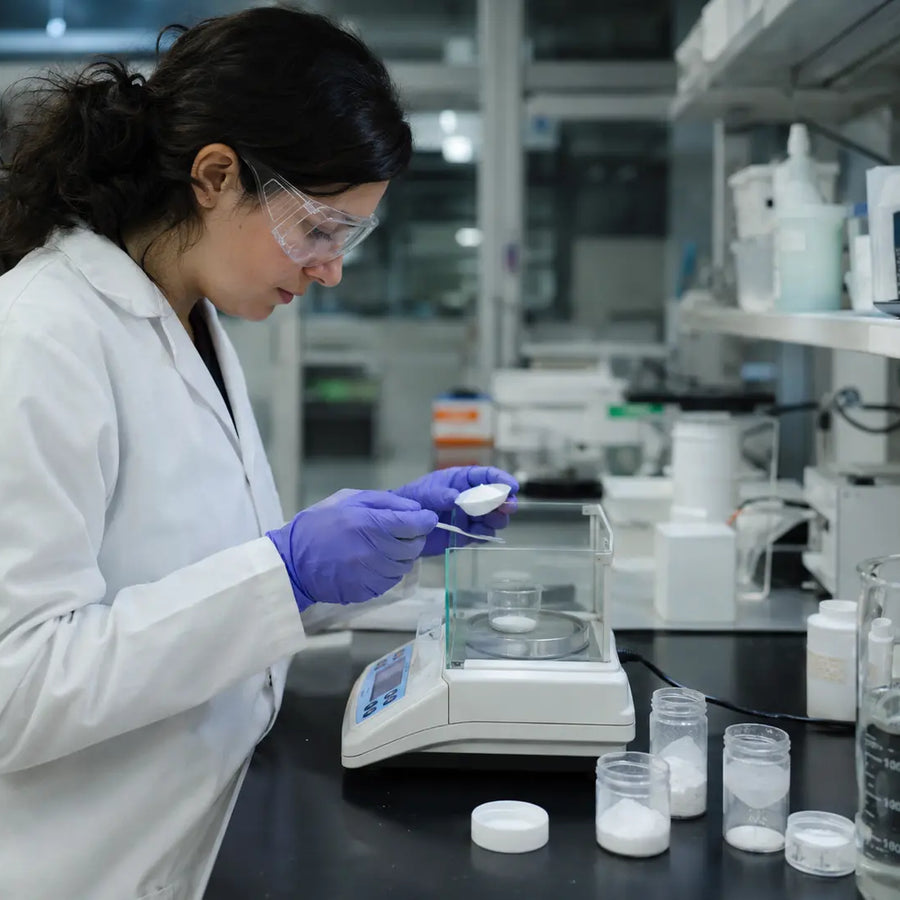 Scientist measuring Pramiracetam powder in a lab