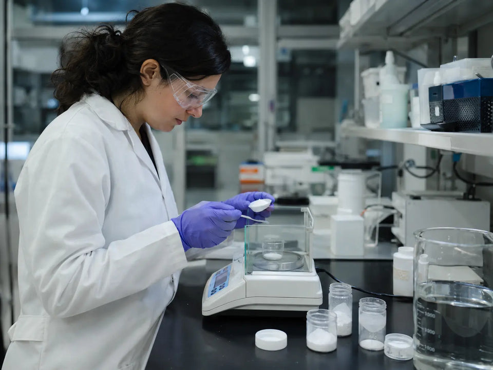 Scientist measuring Pramiracetam powder in a lab