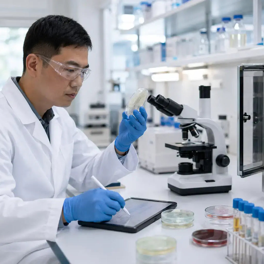 Researcher studying Phenibut sample in laboratory