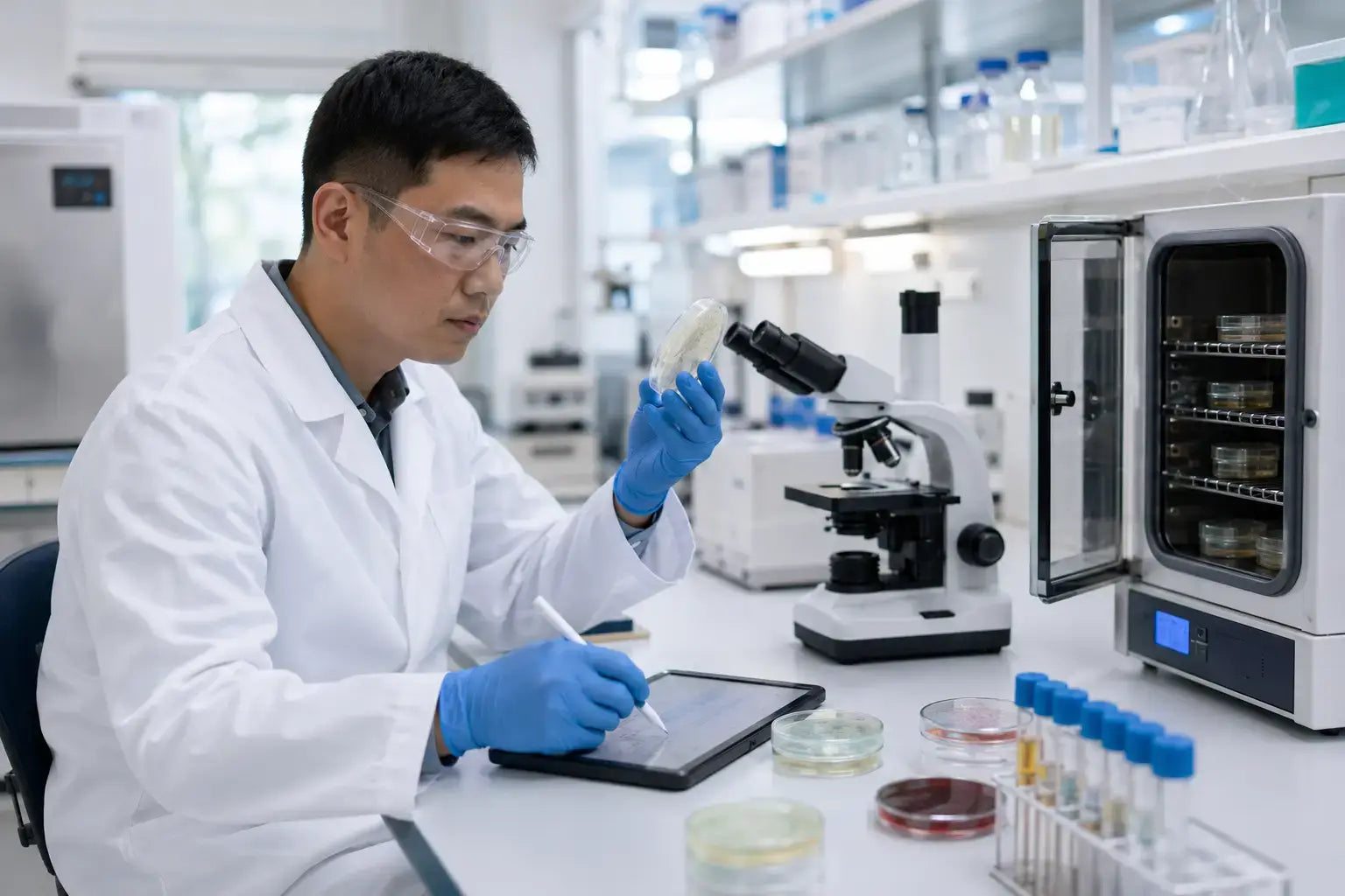 Researcher studying Phenibut sample in laboratory