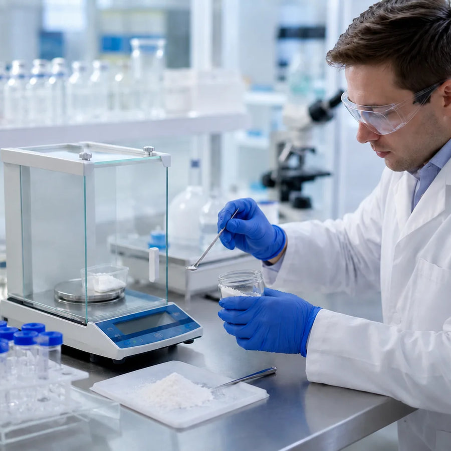a man weighing the chemical compound