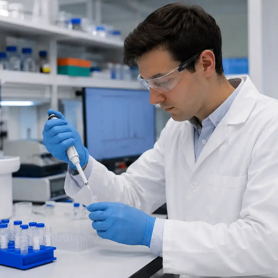 Researcher pipetting Tianeptine sample in laboratory