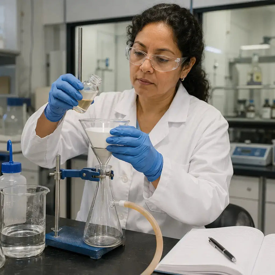 Researcher filtering Tianeptine sample in laboratory