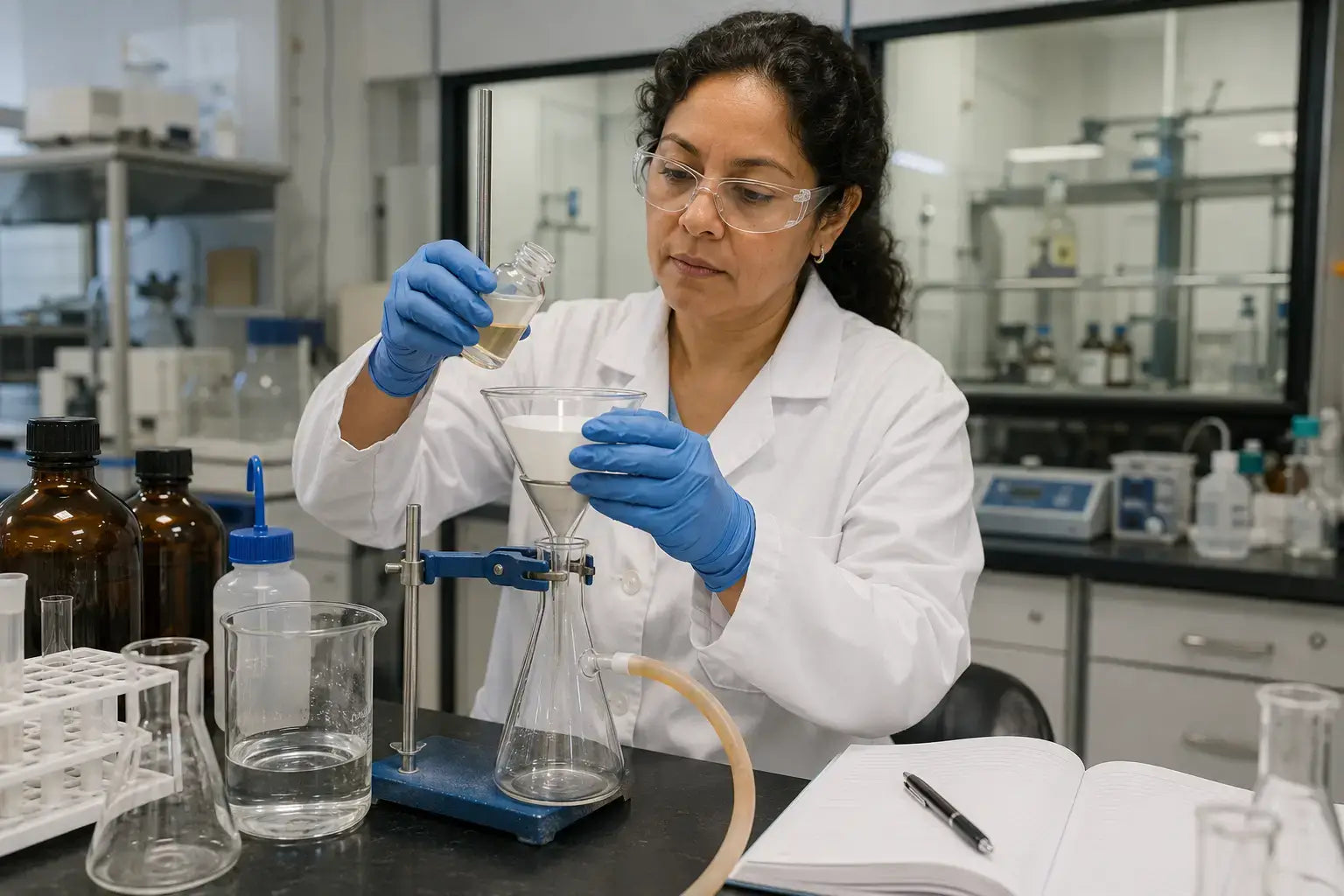 Researcher filtering Tianeptine sample in laboratory