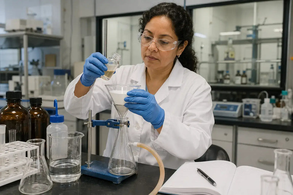 Researcher filtering Tianeptine sample in laboratory