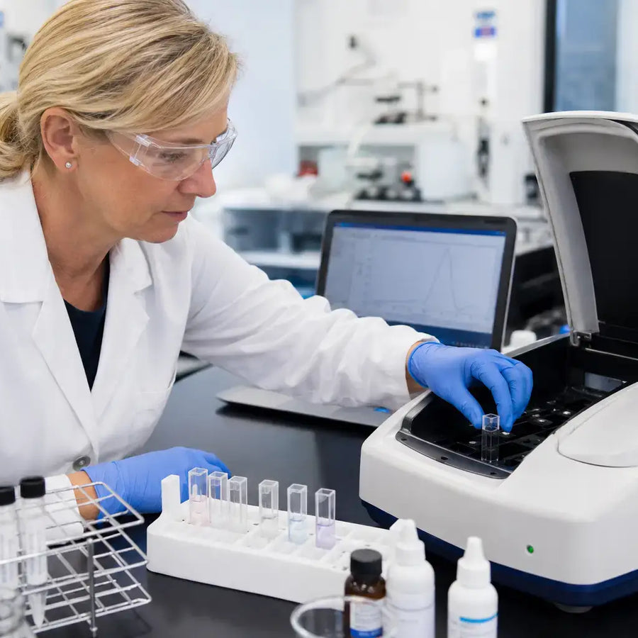 Researcher analyzing Tianeptine sample in laboratory