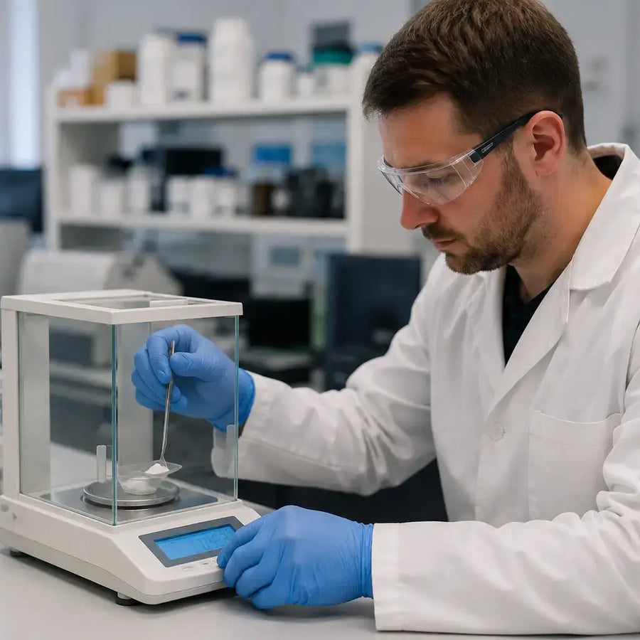 Researcher weighing Tianeptine powder in laboratory