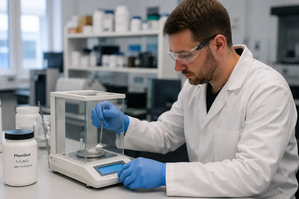 Researcher weighing Tianeptine powder in laboratory