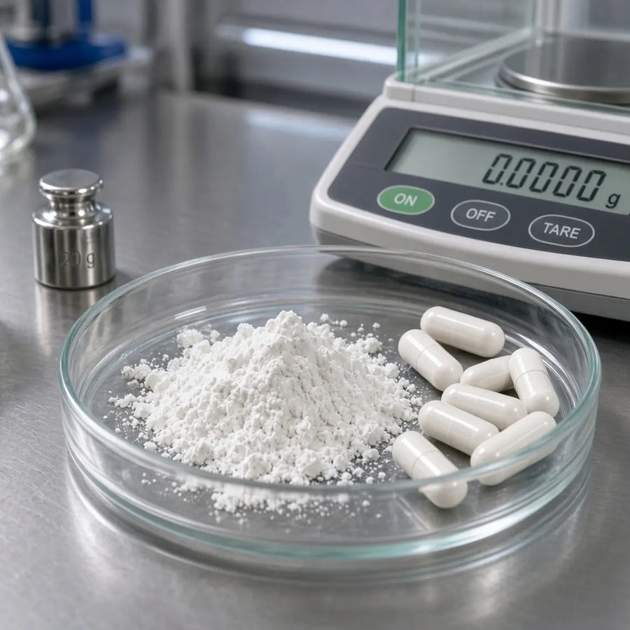 White tianeptine powder and solid white capsules in a glass petri dish on a stainless-steel lab bench beside a digital analytical balance reading 0.00000 g and 100 g and 20 g calibration weights.