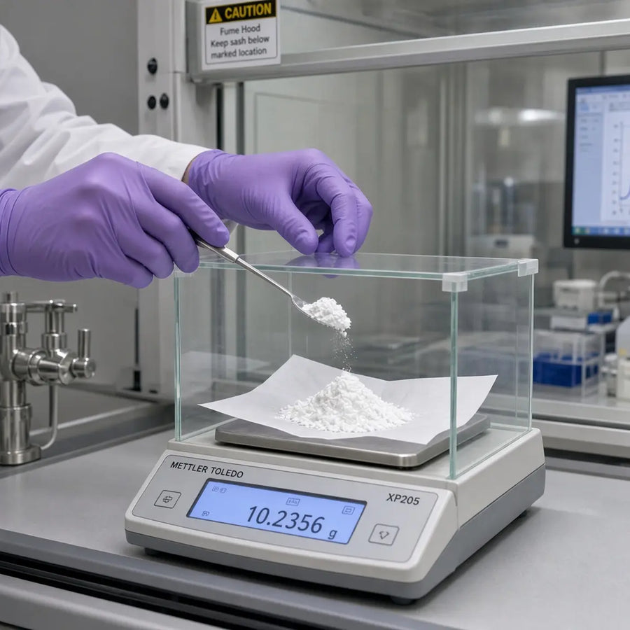Gloved hands in purple nitrile gloves spooning white powder onto weighing paper on a Mettler Toledo XP205 analytical balance; a white bottle labeled tianeptine powder sits to the left.