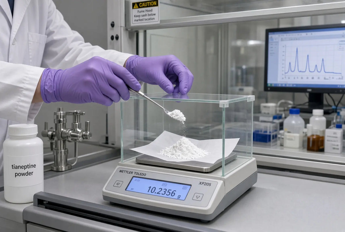 Gloved hands in purple nitrile gloves spooning white powder onto weighing paper on a Mettler Toledo XP205 analytical balance; a white bottle labeled tianeptine powder sits to the left.