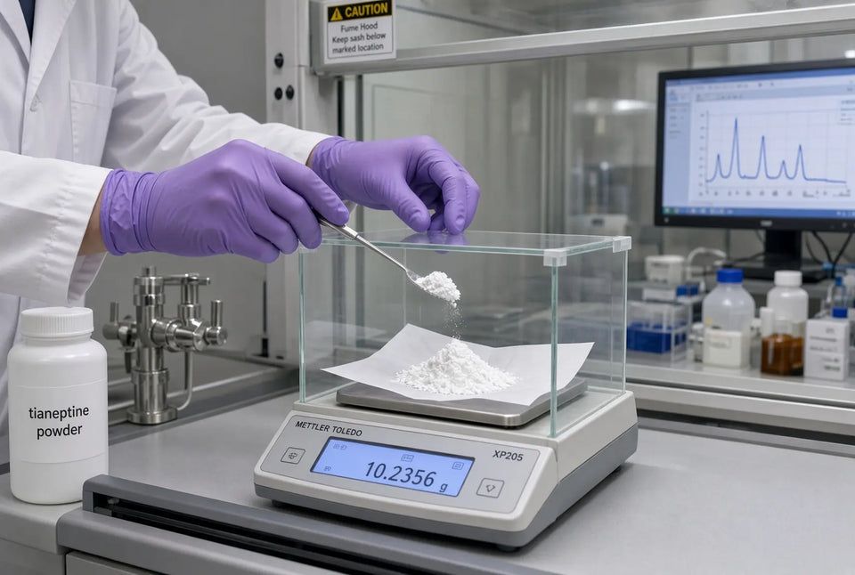 Gloved hands in purple nitrile gloves spooning white powder onto weighing paper on a Mettler Toledo XP205 analytical balance; a white bottle labeled tianeptine powder sits to the left.