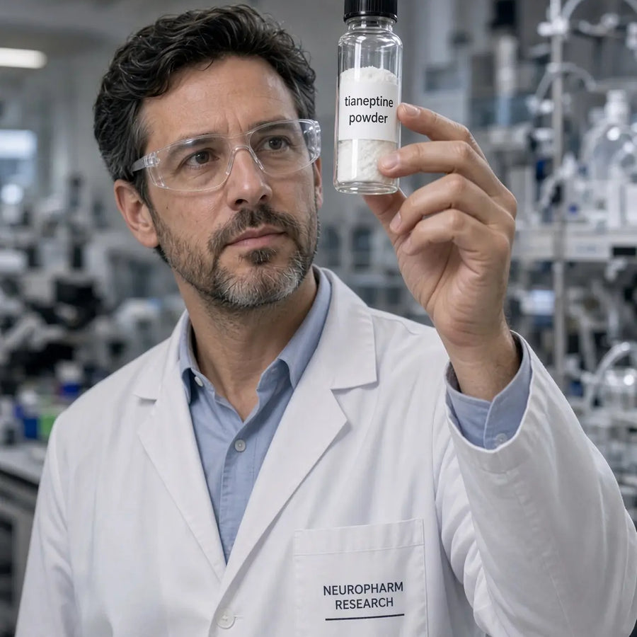 Male scientist in a white lab coat and safety glasses holding up a clear vial labeled tianeptine powder filled with white powder in a laboratory.