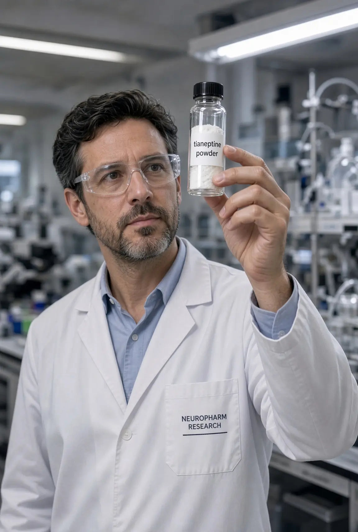 Male scientist in a white lab coat and safety glasses holding up a clear vial labeled tianeptine powder filled with white powder in a laboratory.