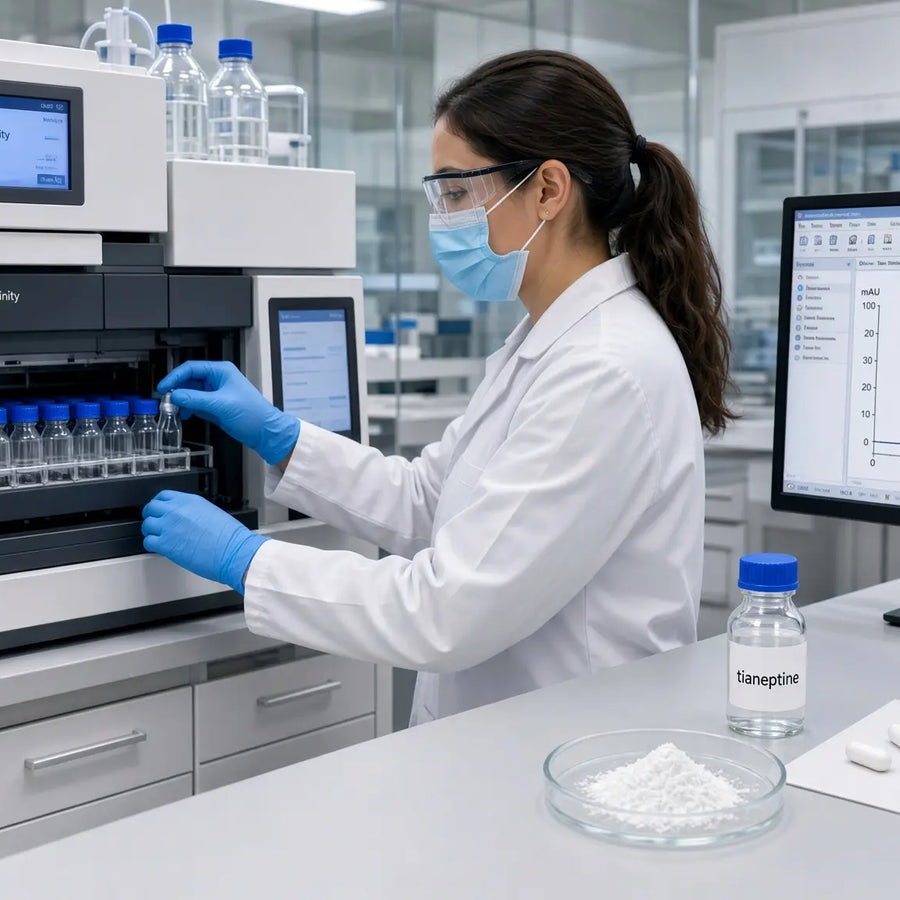 Female scientist in a lab coat, mask, and blue gloves loading vials into an Agilent HPLC autosampler; a bottle labeled tianeptine, a dish of white powder, and solid white capsules sit on the bench.