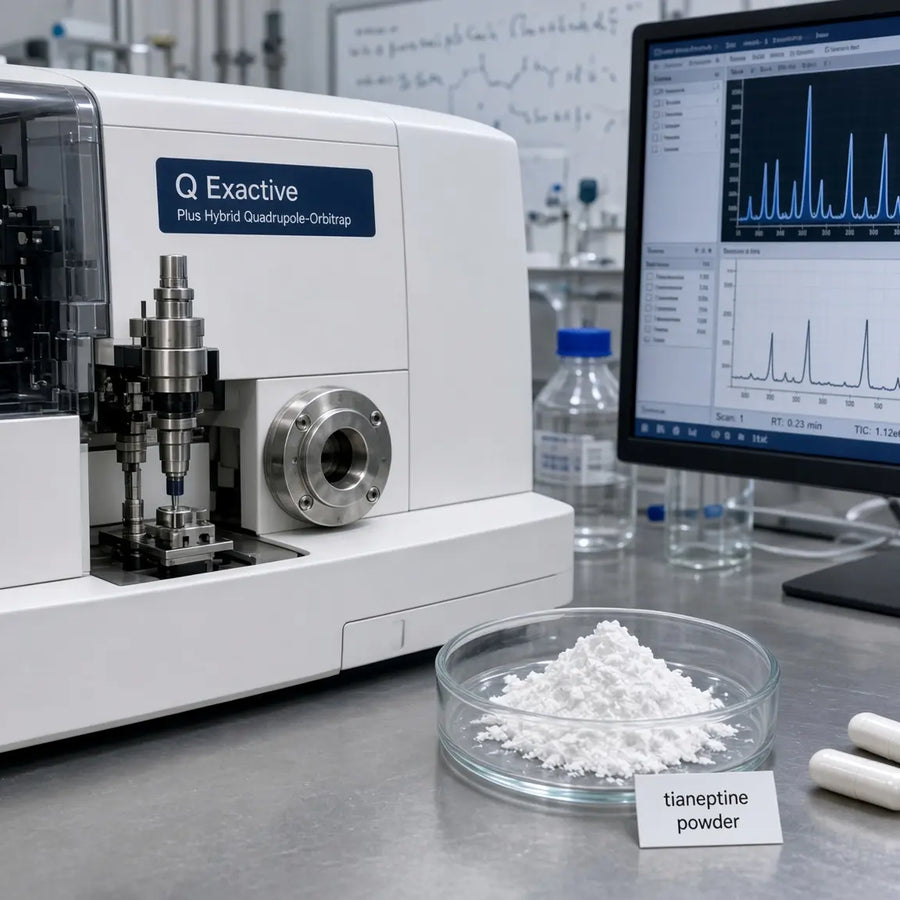 Q Exactive hybrid quadrupole-Orbitrap mass spectrometer on a lab bench next to a glass dish of white powder labeled tianeptine powder and two solid white capsules; a spectrum is visible on the computer monitor.