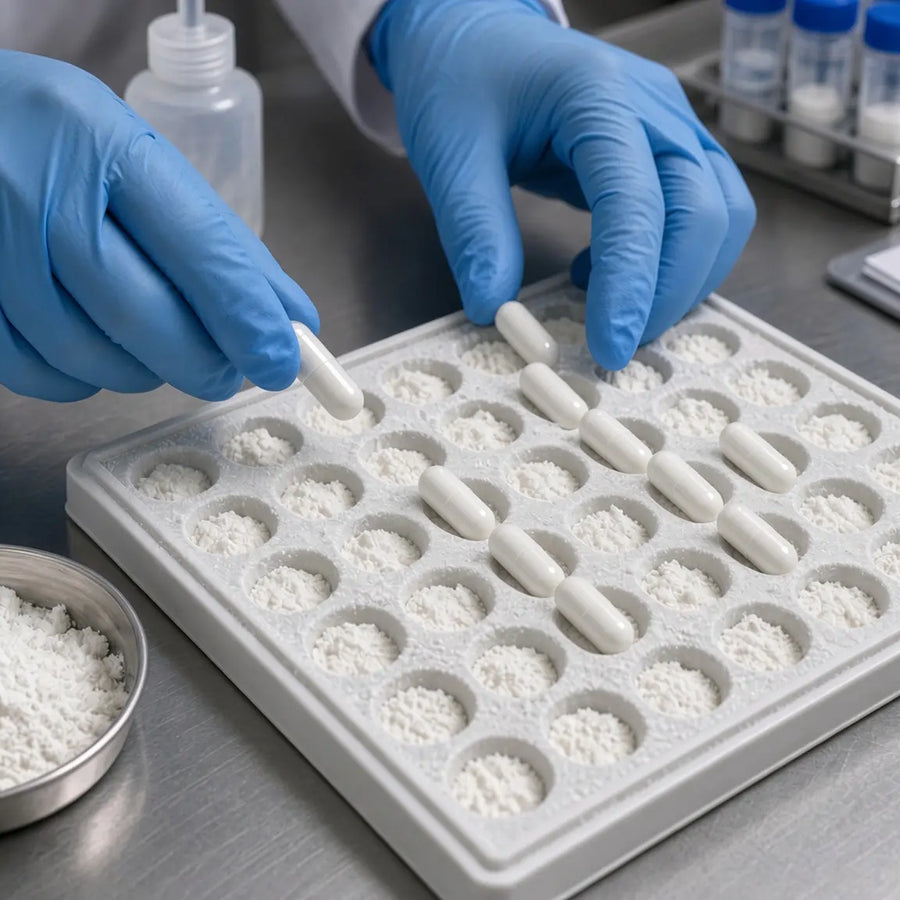 Blue-gloved hands placing solid white capsules onto a filling tray loaded with white powder; a jar labeled tianeptine powder and a dish of loose powder sit nearby.