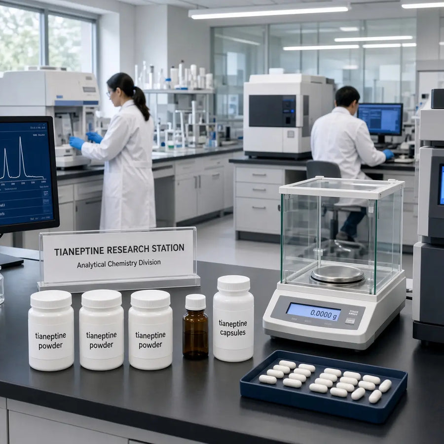 Wide view of a laboratory research station with three bottles labeled tianeptine powder, one bottle labeled tianeptine capsules, a tray of solid white capsules, an analytical balance, and scientists working at instruments in the background.