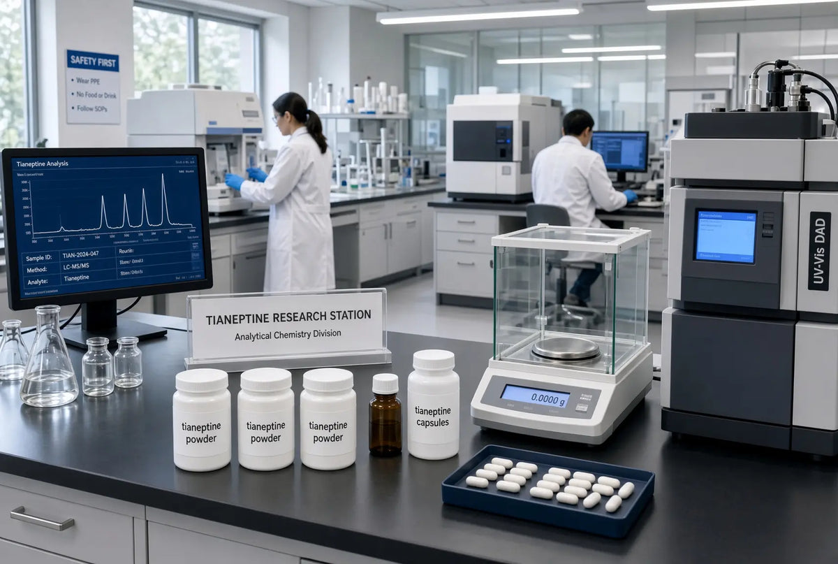 Wide view of a laboratory research station with three bottles labeled tianeptine powder, one bottle labeled tianeptine capsules, a tray of solid white capsules, an analytical balance, and scientists working at instruments in the background.