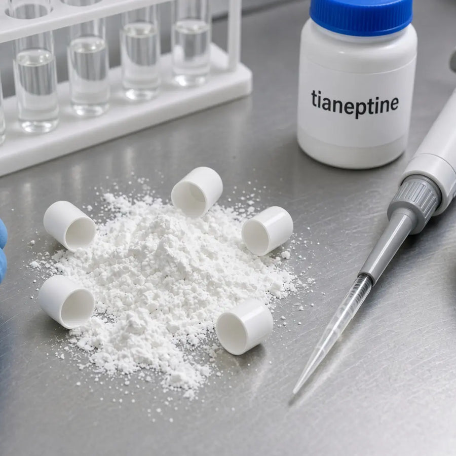 Close-up of white powder piled on a stainless-steel bench with five opened solid-white capsule halves around it; a bottle labeled tianeptine, a pipette, and a rack of test tubes are also on the bench.