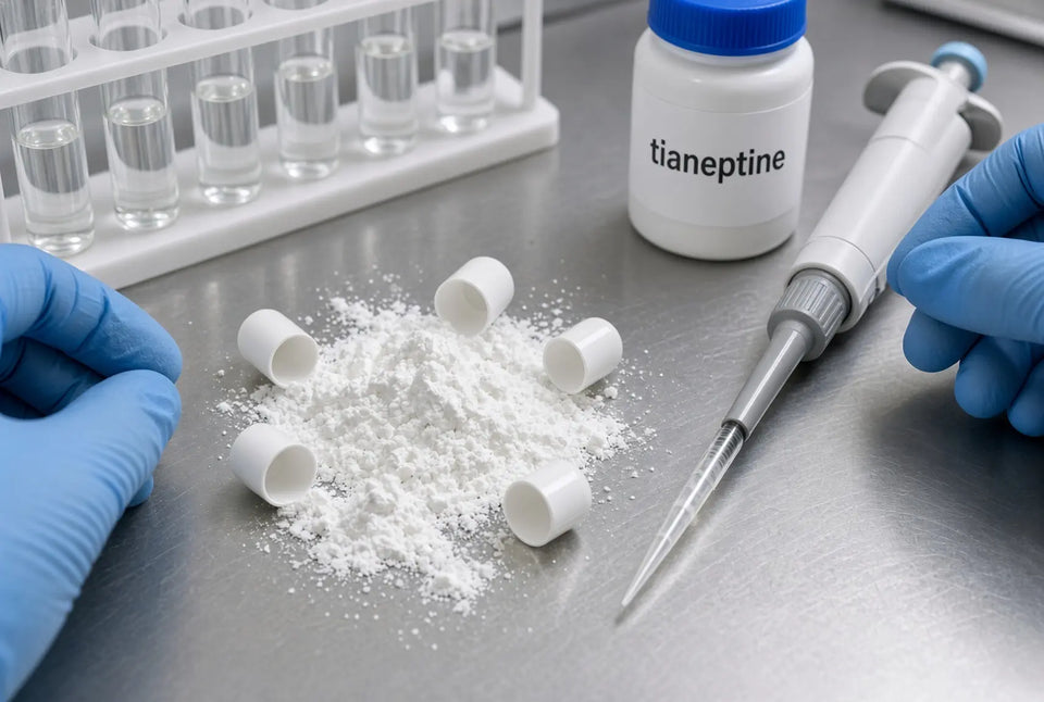 Close-up of white powder piled on a stainless-steel bench with five opened solid-white capsule halves around it; a bottle labeled tianeptine, a pipette, and a rack of test tubes are also on the bench.
